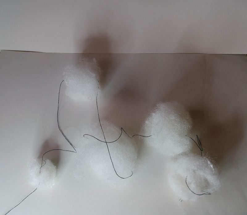 abstract installation of cloud-shapes of stuffing arranged on white paper background, connected to each other with black thread, some have thread loosely crossing over them, casting shadows onto the backdrop