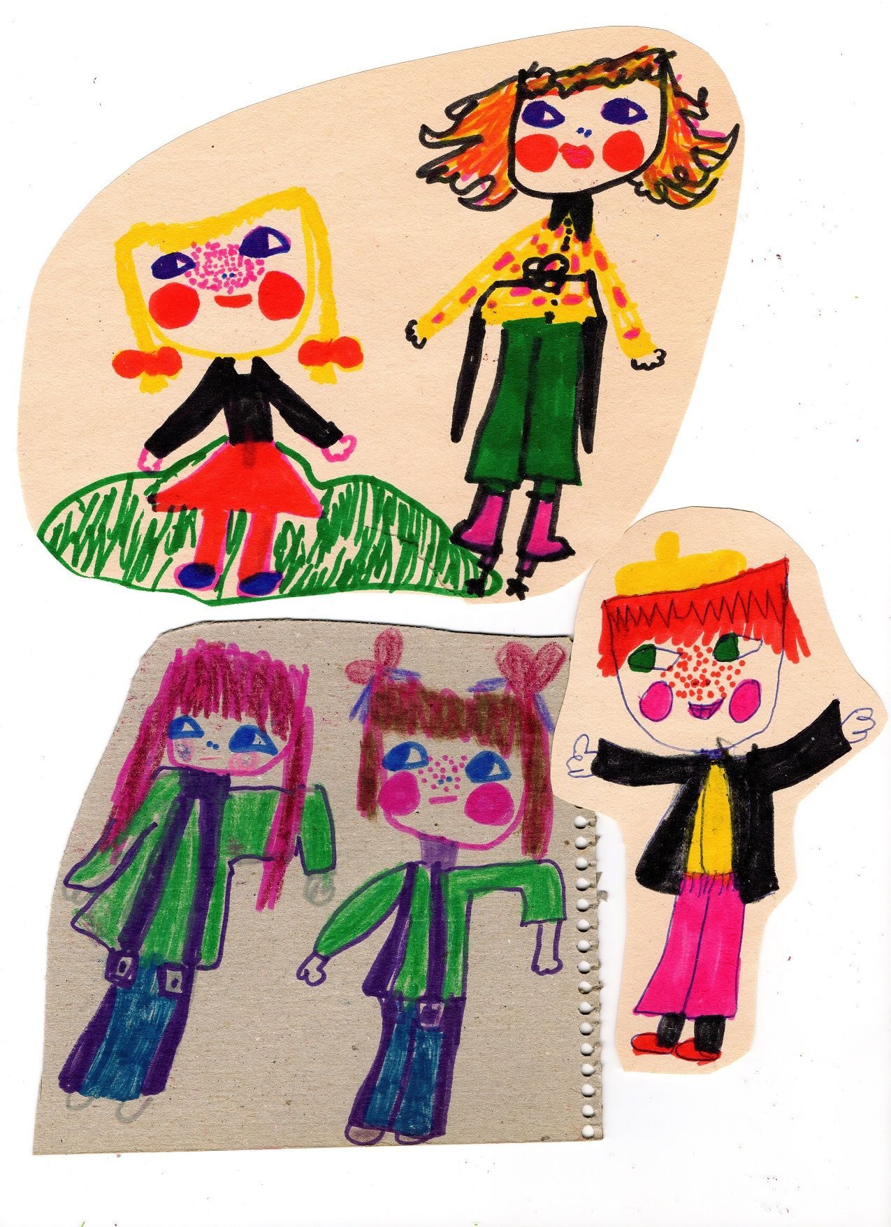 A collage made of a child's drawings. There are five people wearing colourful clothing, a few have freckles and most have long hair. .