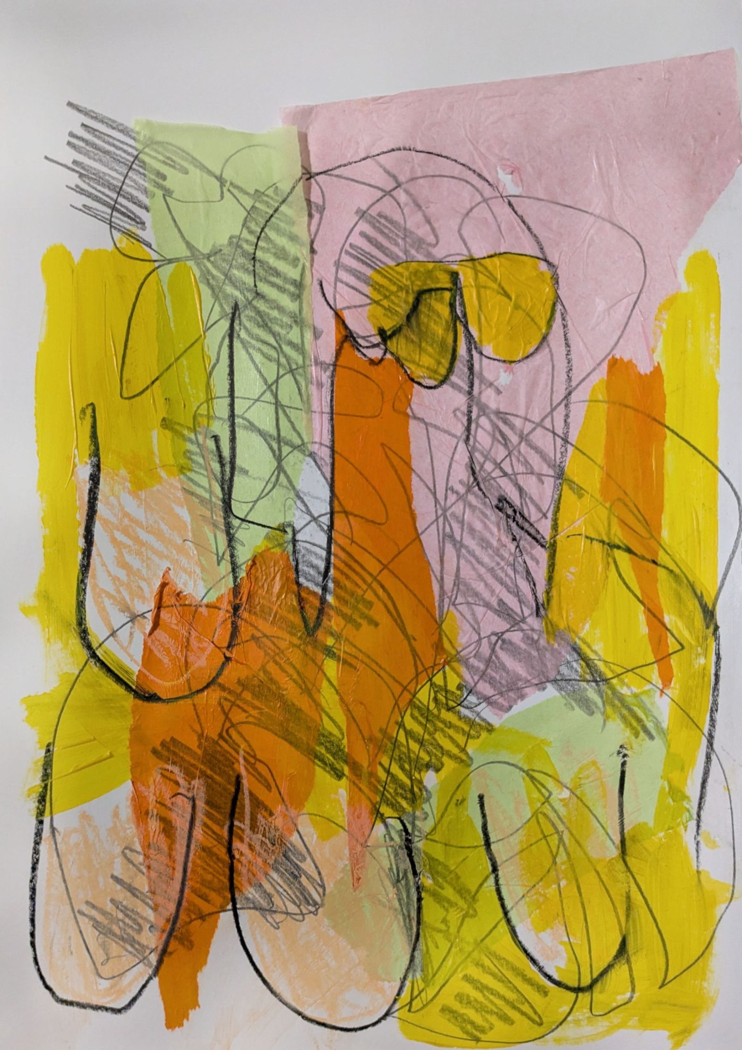 An abstract image in yellow, orange and pink, with vague image of a woman