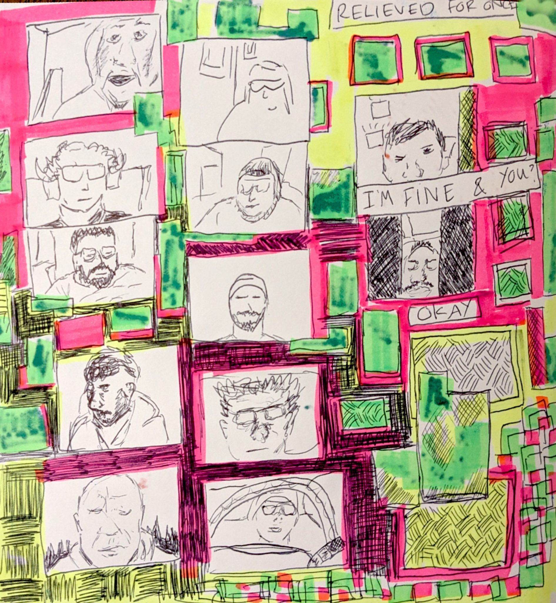 drawing of boxes containing people, like on a zoom chat, with green, pink and yellow abstract squares and mark making