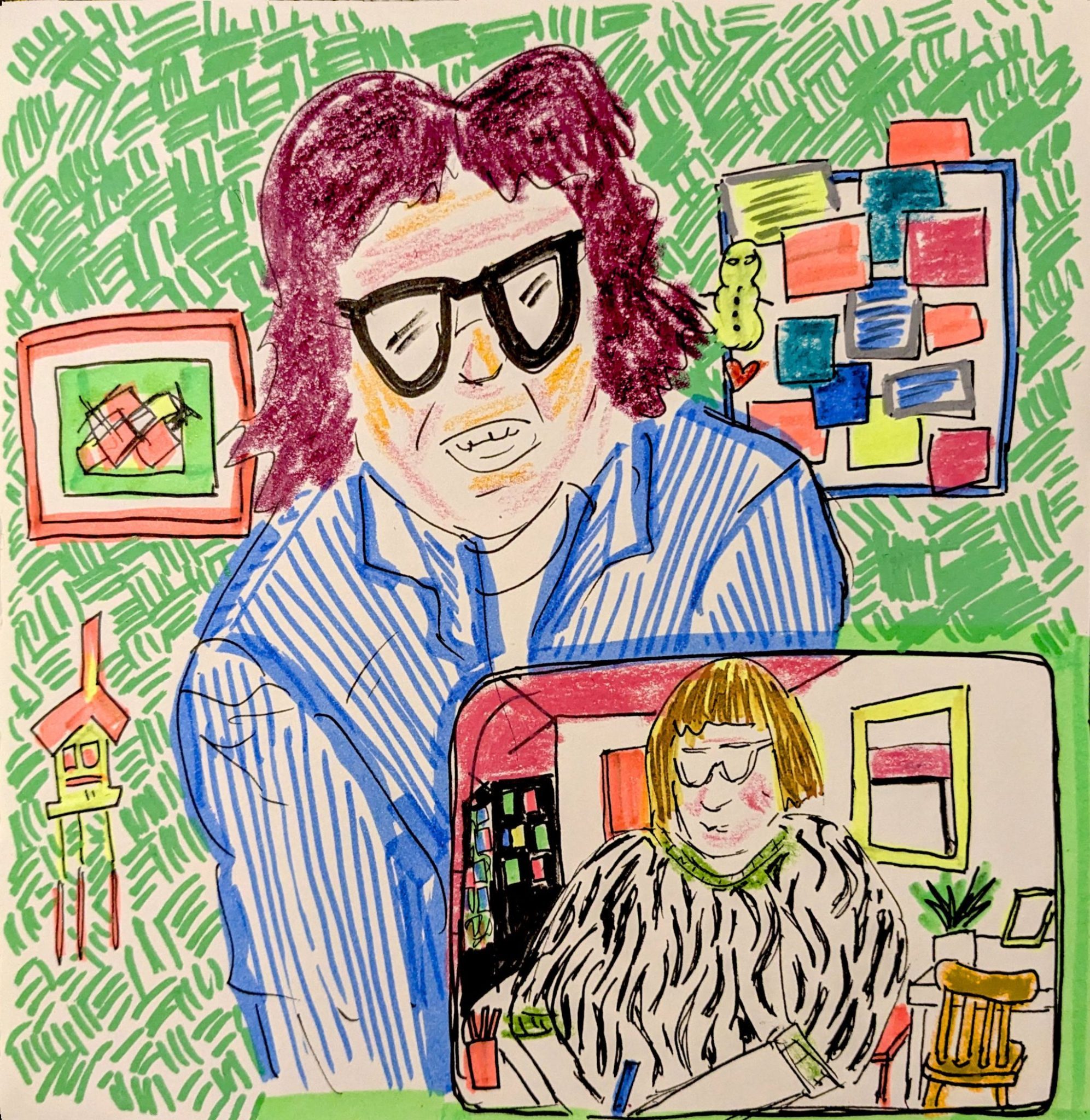 Drawing of a zoom art session, 2 people in boxes making art