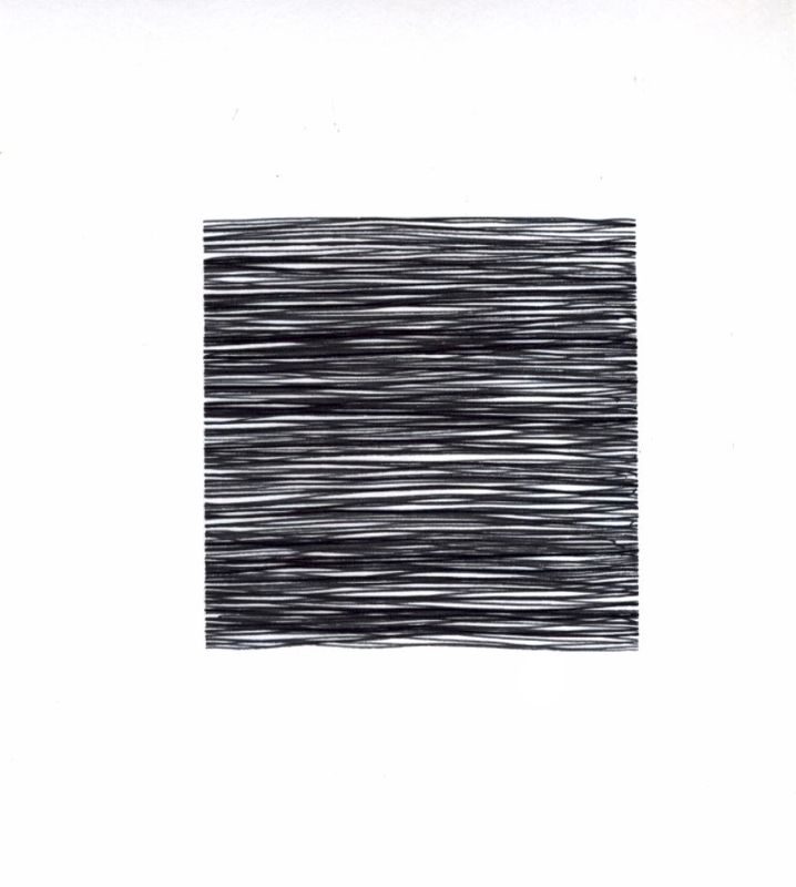 a square of hand-drawn mostly parallel horizontal lines, in black pen, some are less straight so there is a bit of volume and movement to the drawing