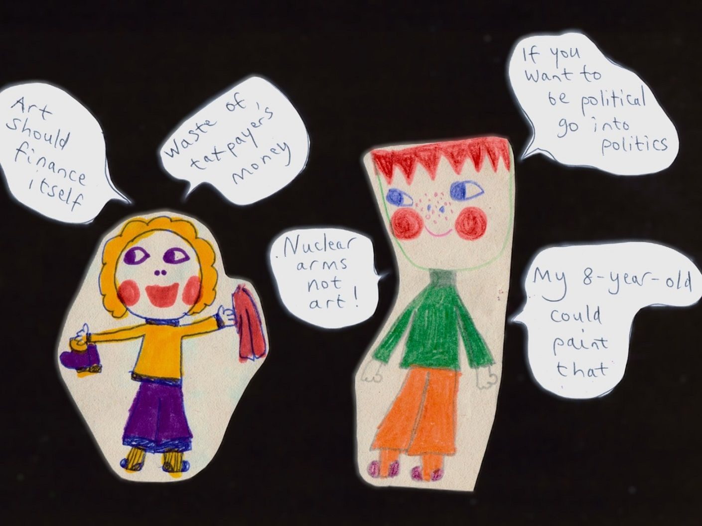 Two colourful characters drawn by me at 8 years-old against a dark background. There are speech bubbles with handwritten text on either side.
