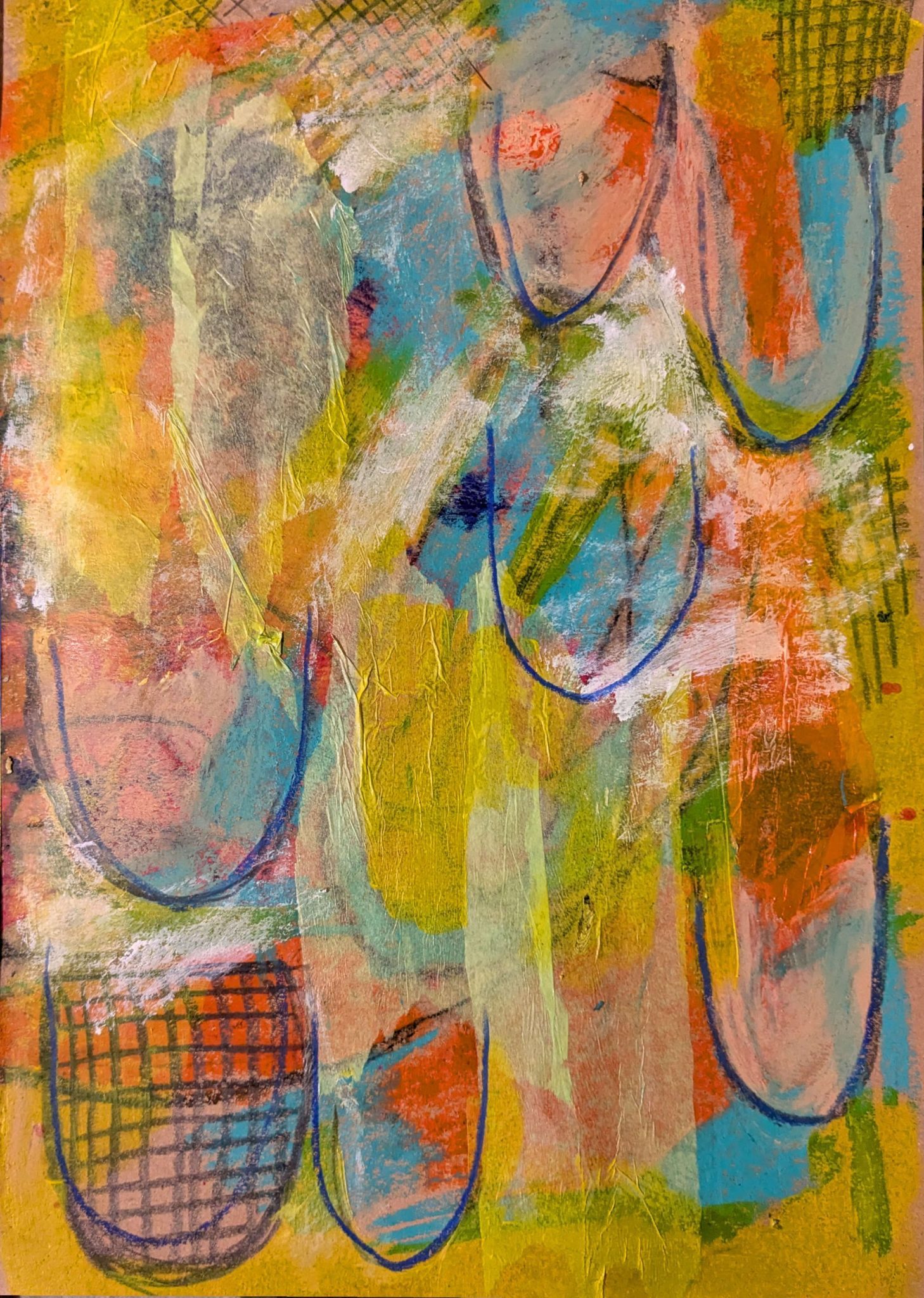 Abstract image in yellow, blue and red, with breast shapes