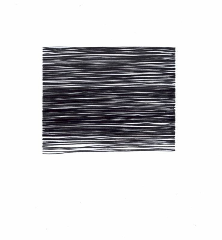 abstract drawing in black pen, of mostly parallel horizontal lines which don't quite fill up the 10x10cm square
