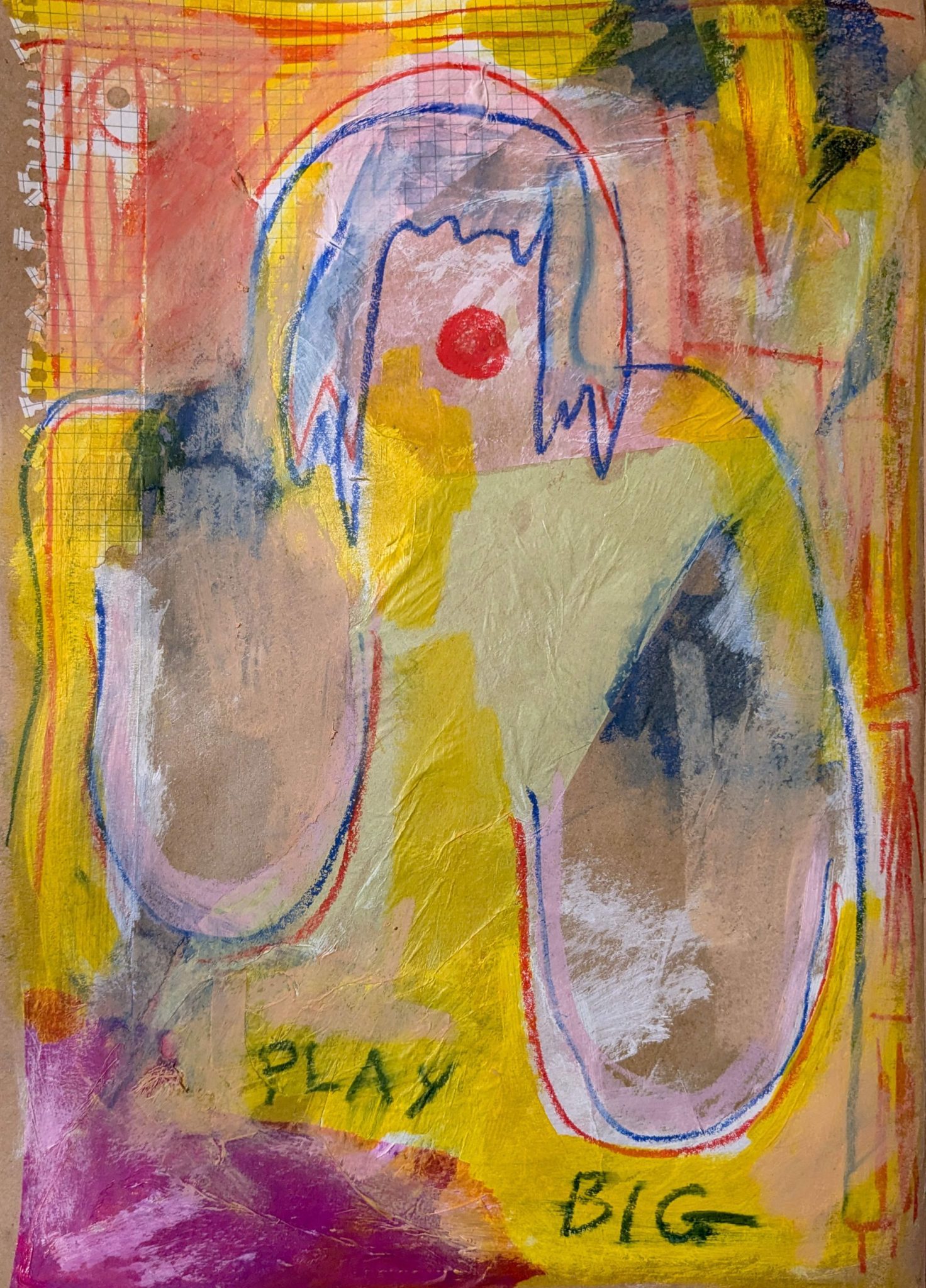 An abstract image of a woman with big boobs and no face, but a red clown nose. Words at the bottom read 'Play Big'