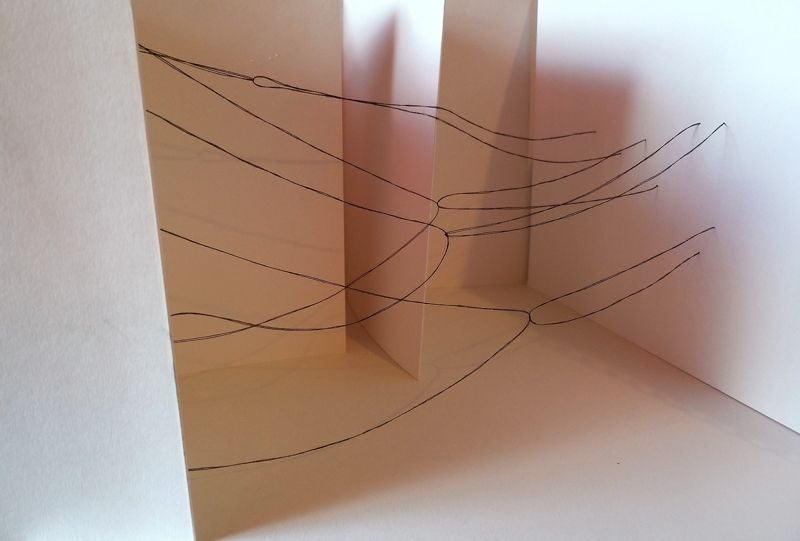 abstract drawing with black thread suspended between pages of two sketchbooks, some threads are tauter than the others, paper and thread casting shadows