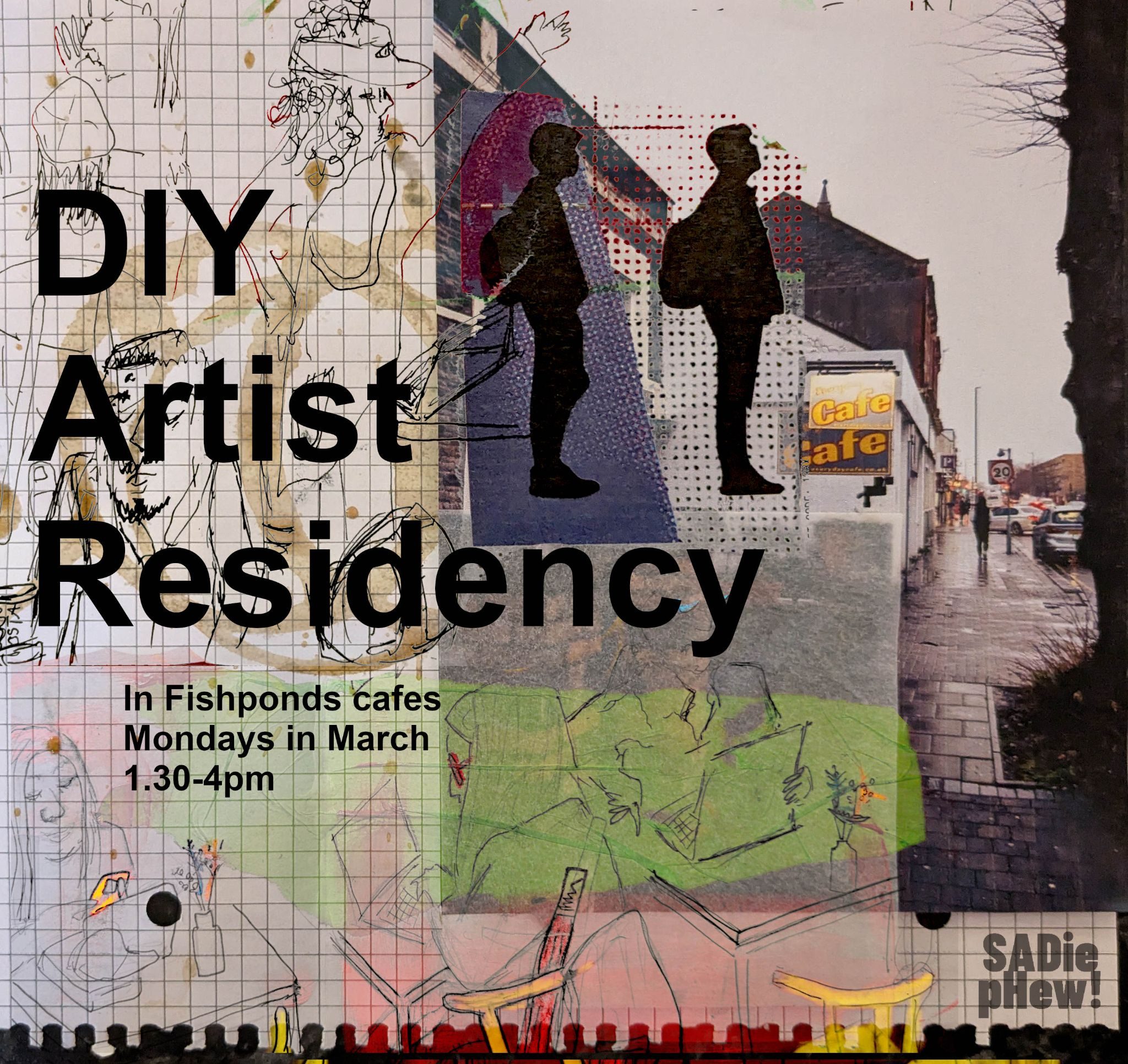 A promo flyer for a DIY Artist residency, a digital collage with photos, drawings and a coffee ring