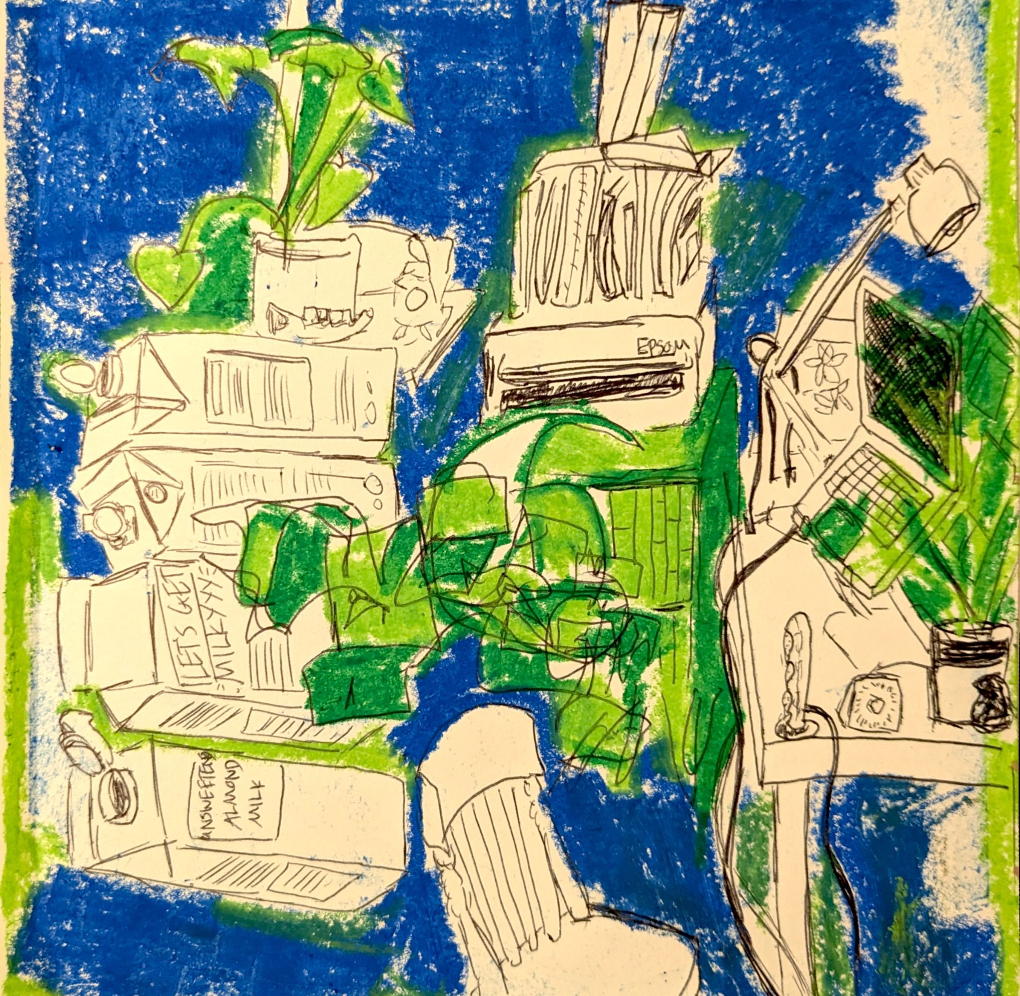 Abstract drawing in black biro of an office and home studio. laptop, desk, files, plants, a chair. a load of empty tetra packs and a scribble in the middle. blue oil pastel used around the outside, and some green in places