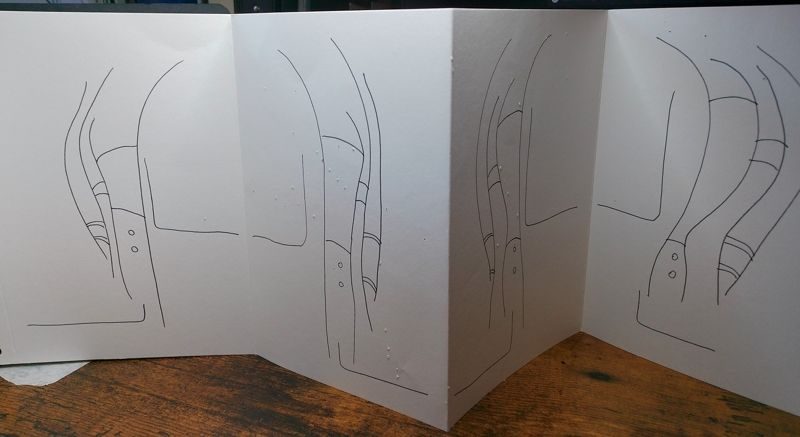 abstract drawing with black pen, redrawn from memory on four pages of concertina sketchbook