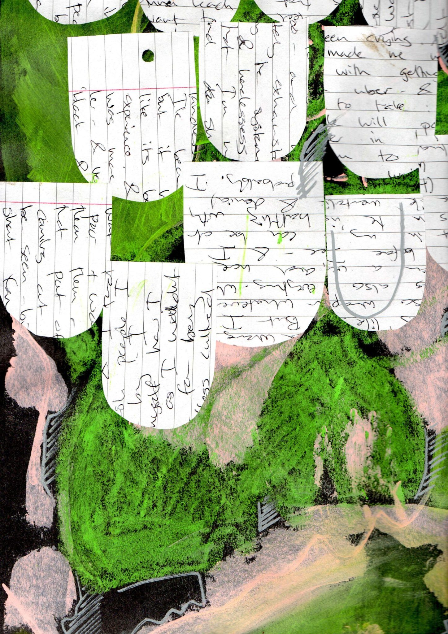 cut up shapes from lined paper with writing on, stuck down over an abstract green and pink image.