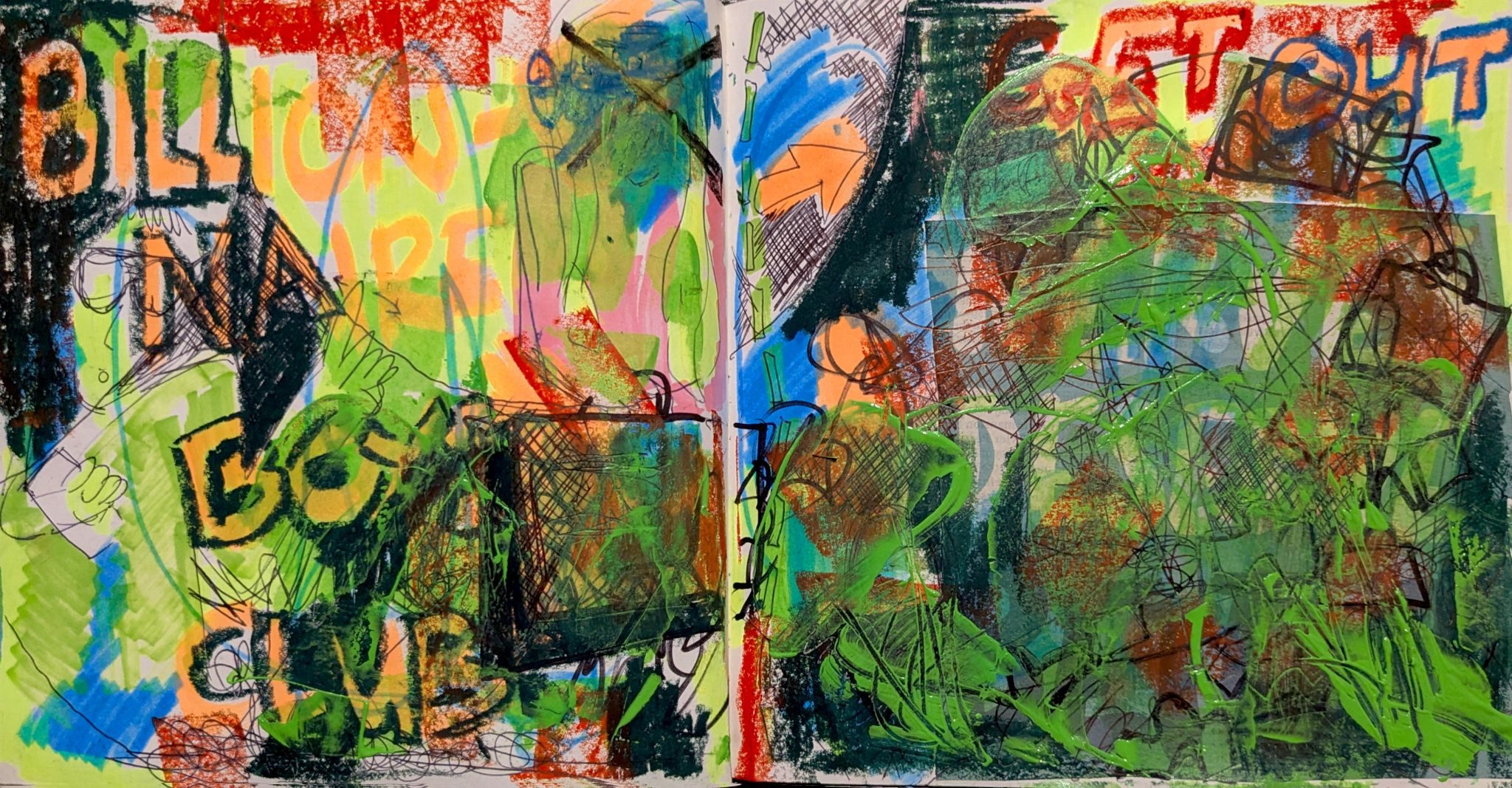 A scruffy sketch with colours, words and scribbles, reading 'Billionaire Boys Club Get Out'. A figure wagging their finger as if to say 'no' is vaguely visible. The colours are green, red, yellow, blue, dark green, orange. It is quite messy.