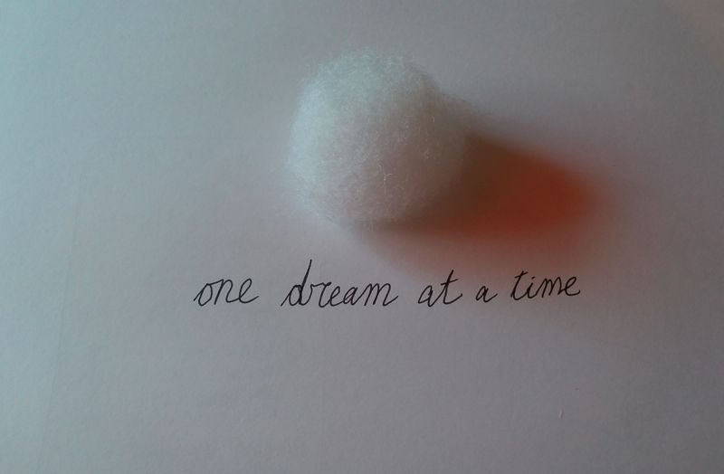 a cloud of stuffing with the handwritten title below it saying one dream at a time