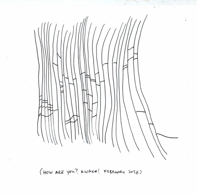 Abstract black pen drawing, hand-drawn vertical lines, some wavy, some almost parallel, some of them connect to each other by a single or more than one thin line