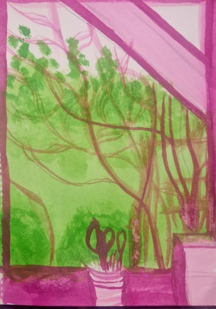 a magenta and green scene looking through a window framed by dark beams. there are scissors in a pot in the foreground and the view out of the window is of naked tree branches