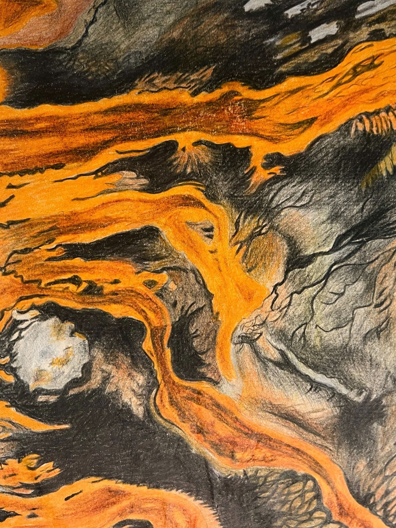 Coloured pencil drawing of stream of pollution with seed