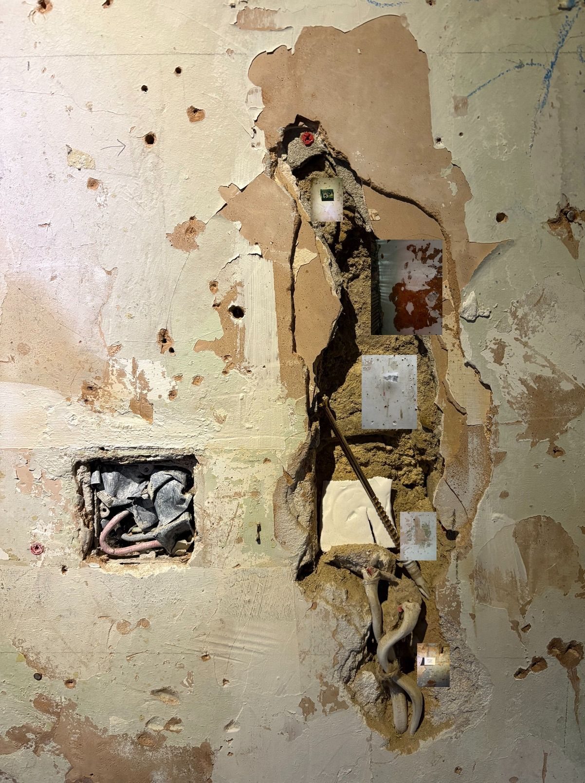 Images gathered at an exhibition at Safehouse 1, “arrhythmias” in 2025. Composed of one large image of a section of a wall within the site, 5 other images of other areas nested within the debris.