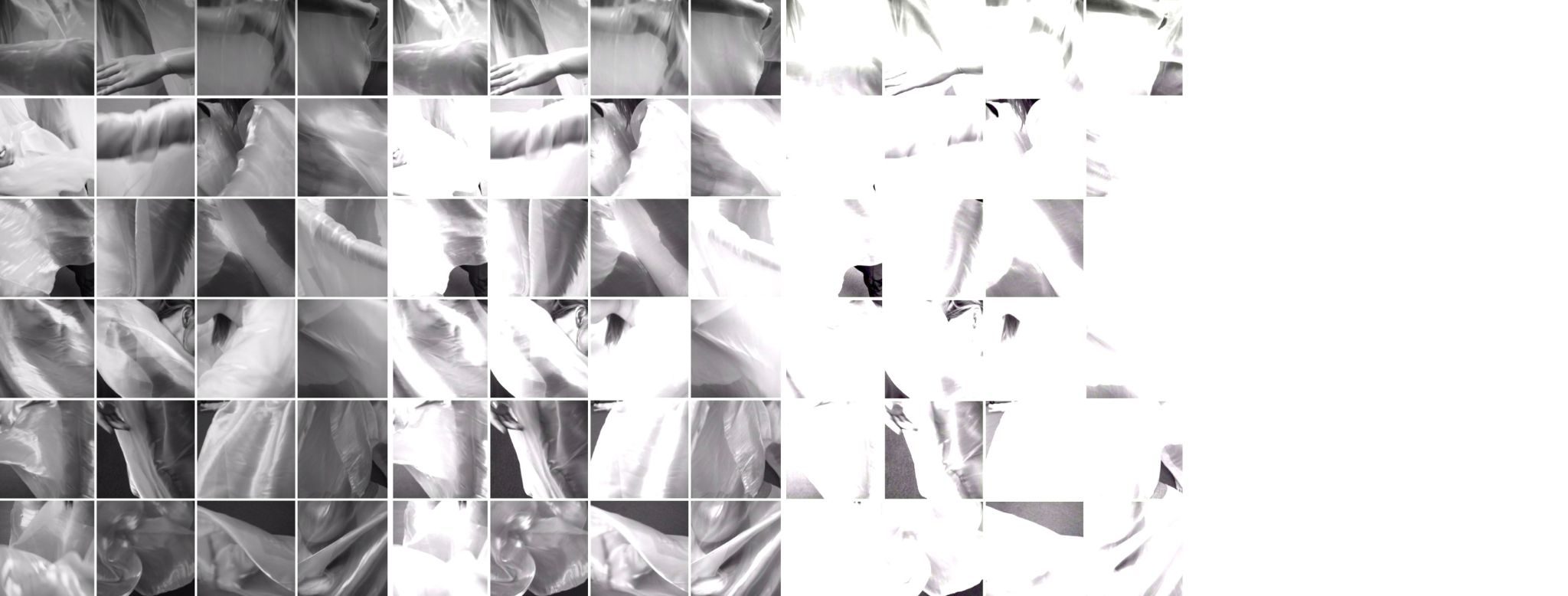 From a collaged image of photographs created from dancers in Theo Clinkard’s work “Now Map” for LASALLE College of the Arts, 2019. The images shaped into an assemblage of a durational installation reiteration of the work by Susan Sentler. Here the image (repeated 4 times) is broken down by dissolving the image, from the initial indexical into a full fading into white.
