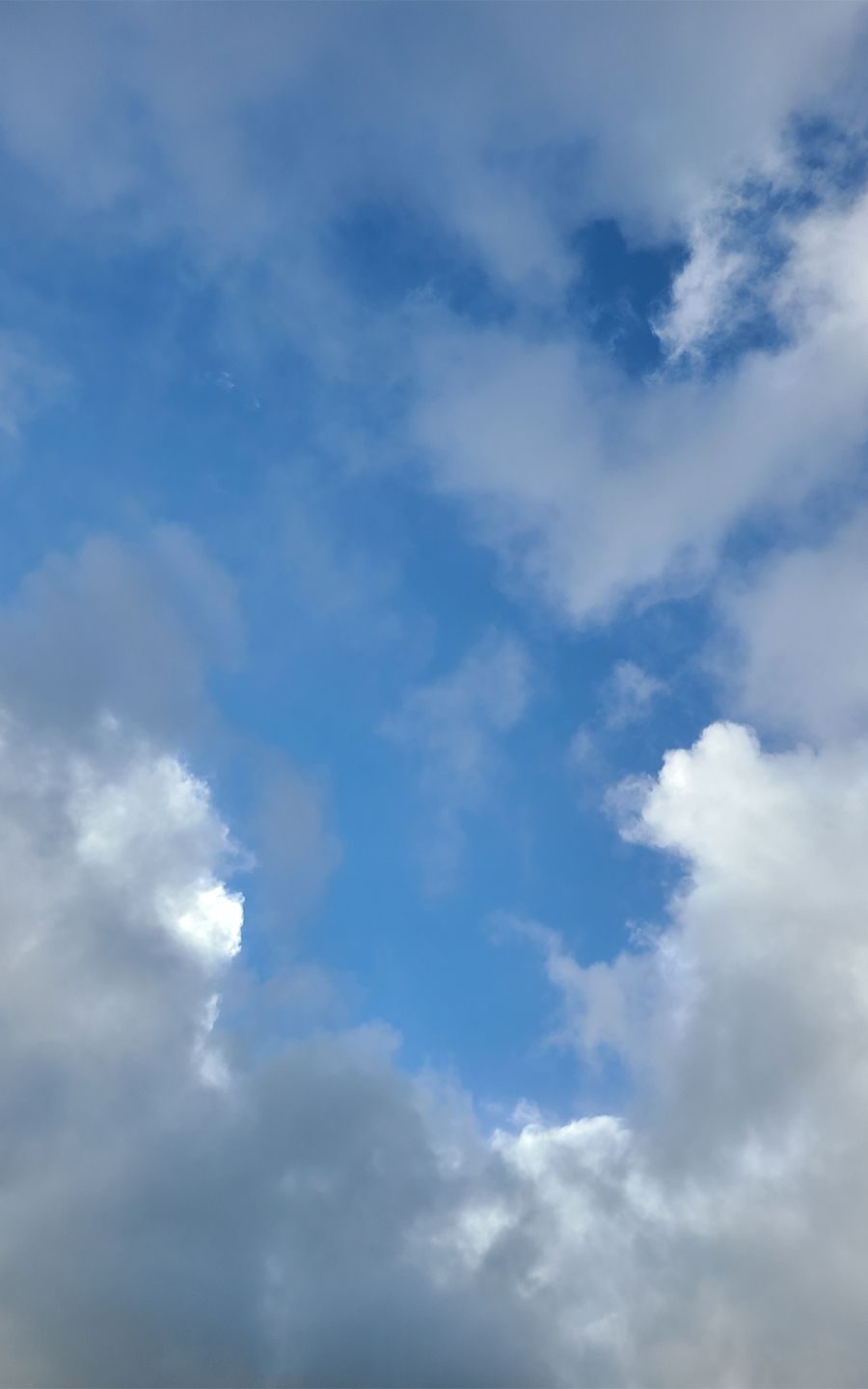 a photo of a patch of blue sky bordered by light rain clouds