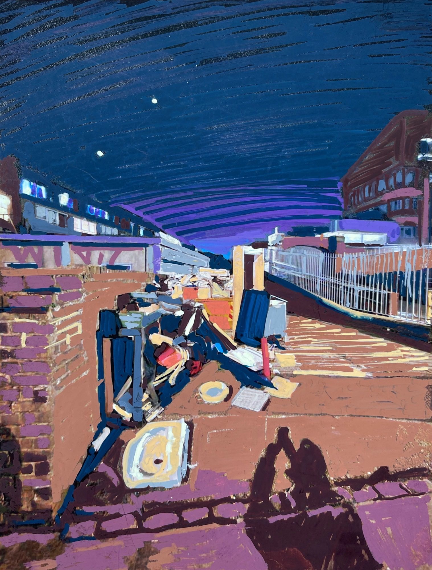 Pile of junk at night in an urban alleyway. Posca pen on photo.