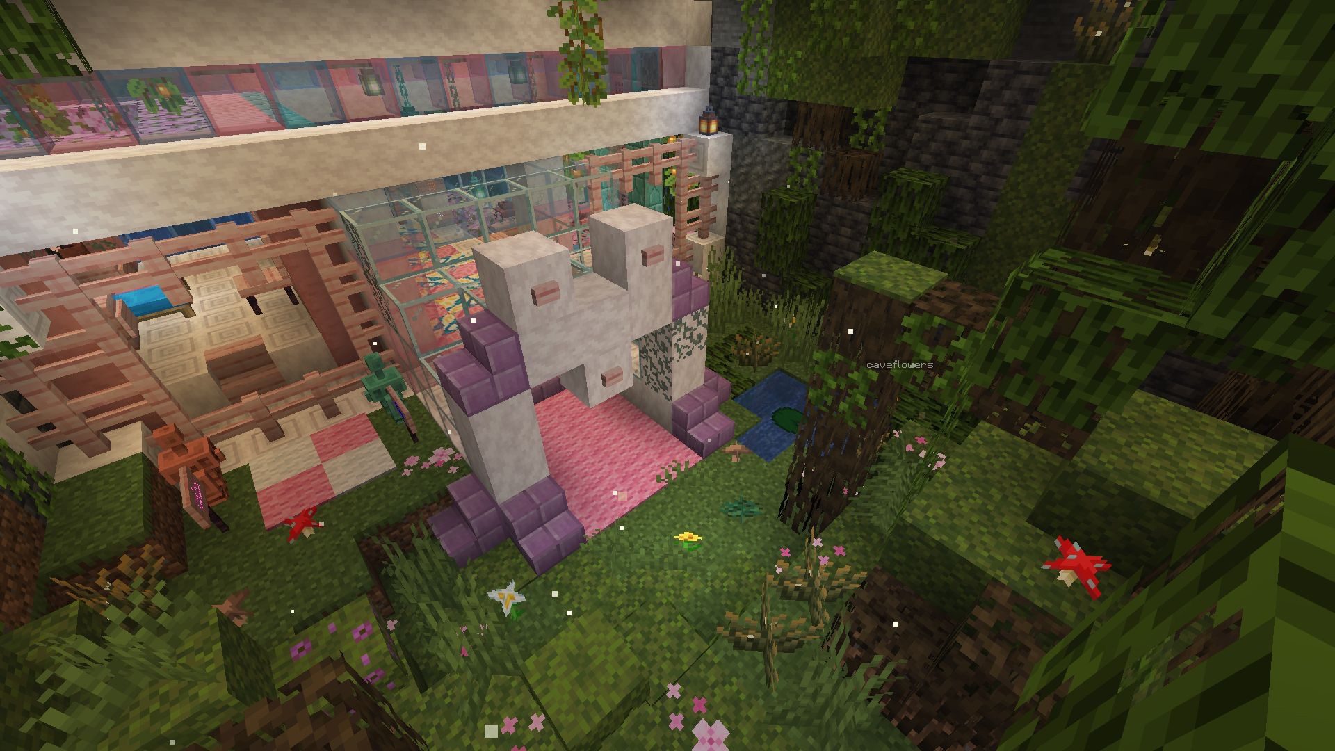 a screenshot of a minecraft build. theres a pink house, surrounded with various nature and overgrown plants.