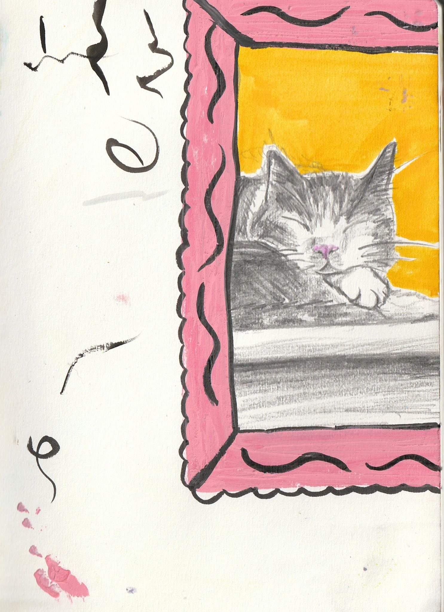 a scan of a sketchbook drawing of a cat sleeping in pencil. they are surrounded by a crudely drawn pink frame. they are in the corner of the page and its slightly cut off. the rest of the page is blank apart from a fee black squiggles
