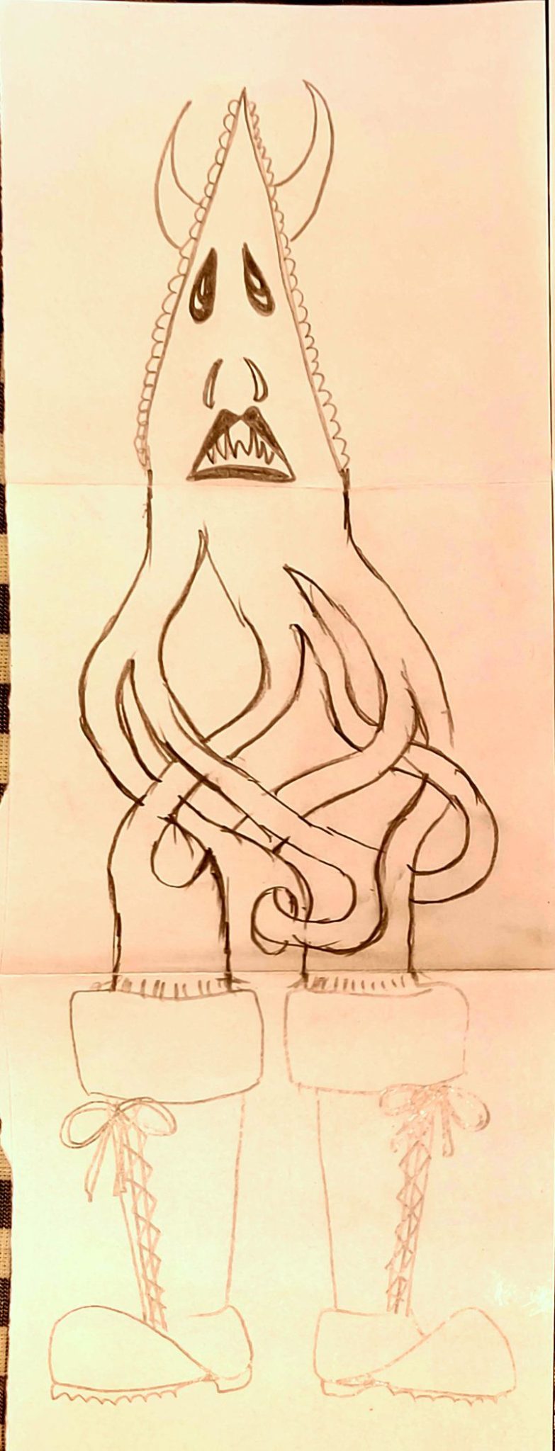A collaborative, surrealist pencil drawing of a monster