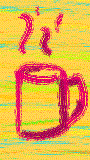 Animated gif of rough hand drawn pink mug with the sequence of tea making backwards. cup is steaming, spoon comes down and stirrs it, milk floats out, sugar floats out into spoon, tea bag floats out