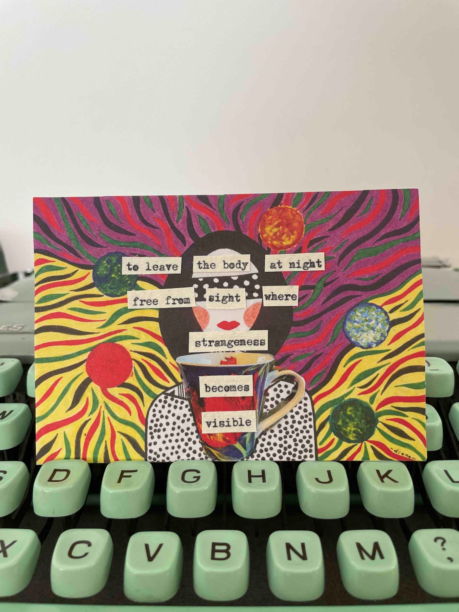 a collage of a woman with a blindfold and a cup of tea