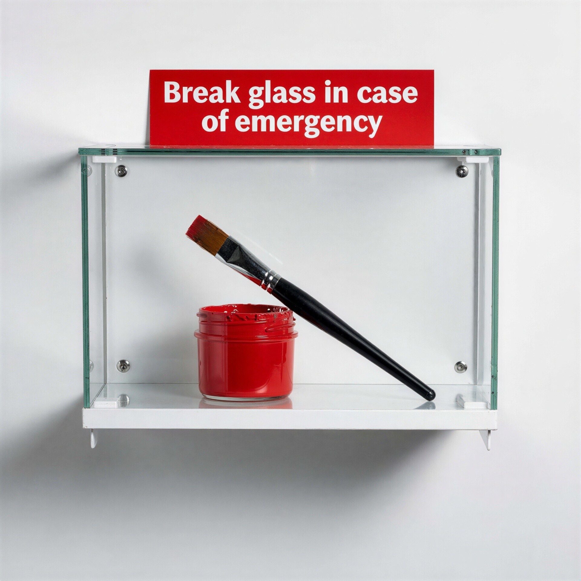 A photo of a brush and a pot of paint in a glass box