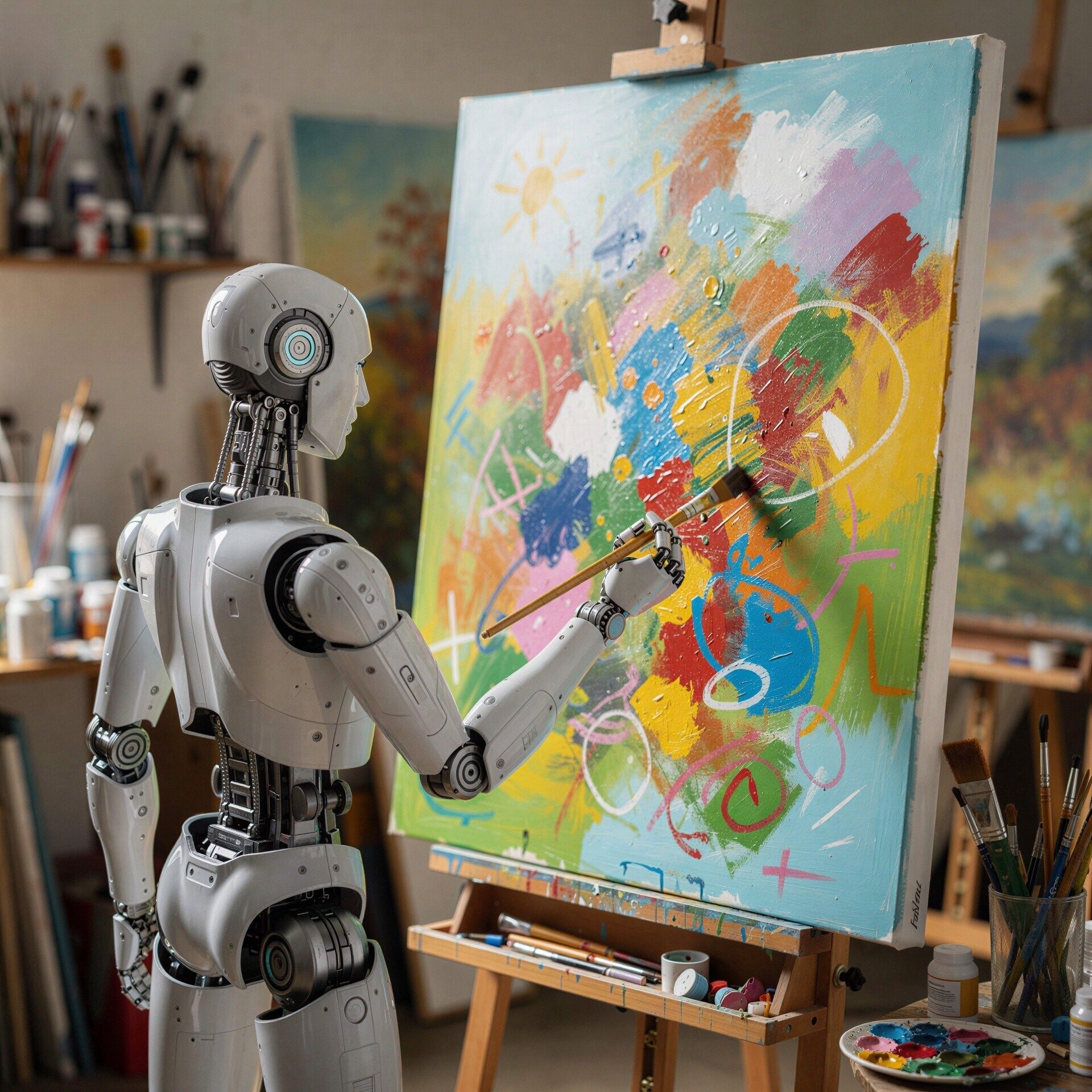 A robot is busy working on an abstract painting