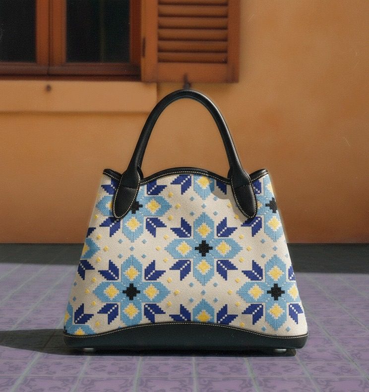 Embroidered canvas bucket bag