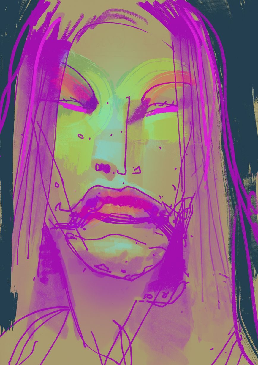 a drawn portrait in bright neon-esque colours