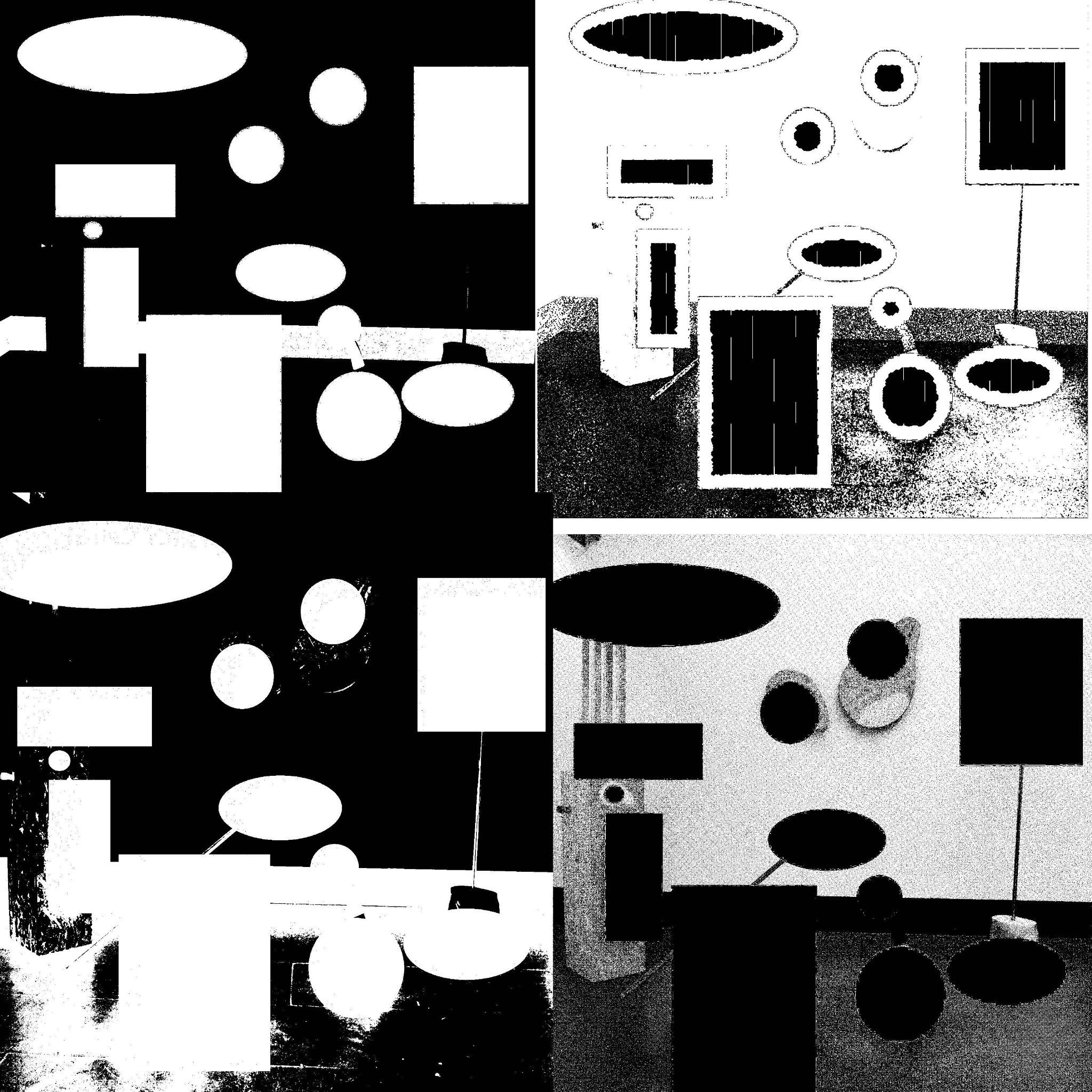 an abstract composition of a elipses, circles and squares overlaying a photograph of an sculptural installation of forms made out of found objects in a gallery space