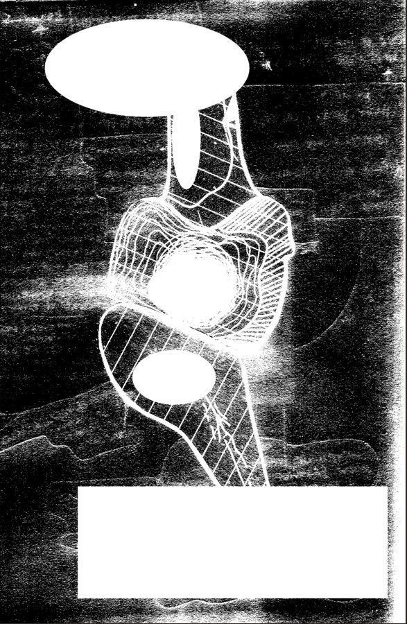 an abstract form overlayed with a white rectangle and a white elipse resembling a black and white photocopy