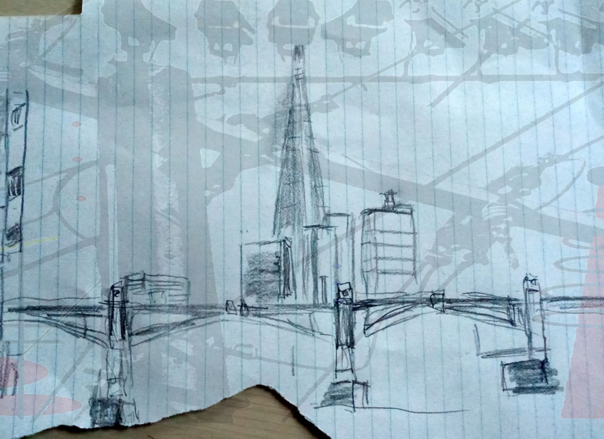 a pencil sketch combined with a collage of wires