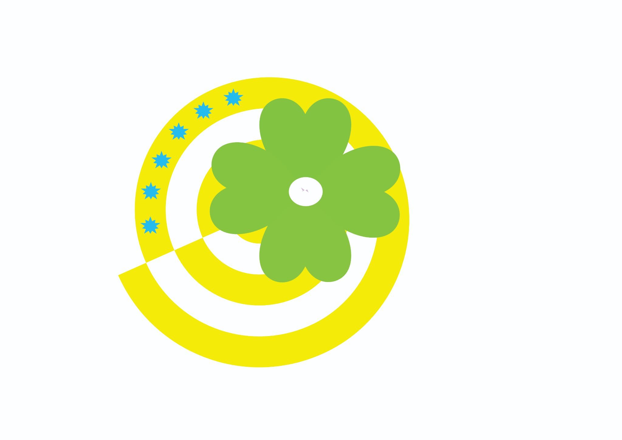 Geometric flag, made up with hearts into a flower, circles, swirls and stars.