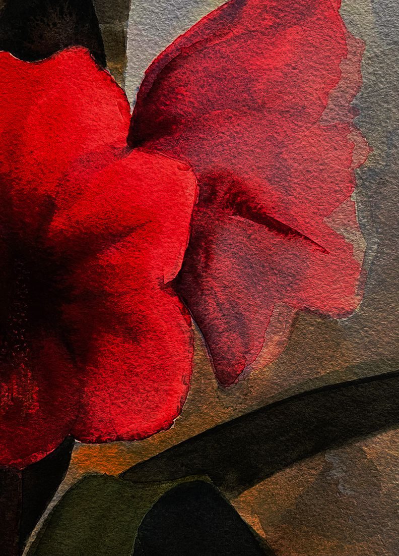 Two red flowers in water colour paint on paper