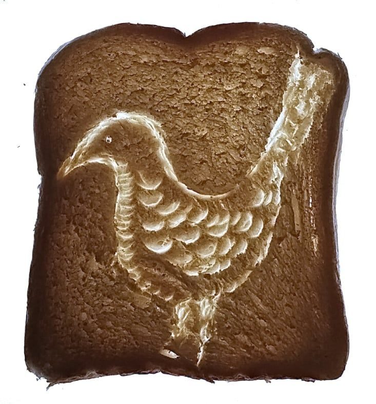 this is a slice of bread imprinted with an image of a bird