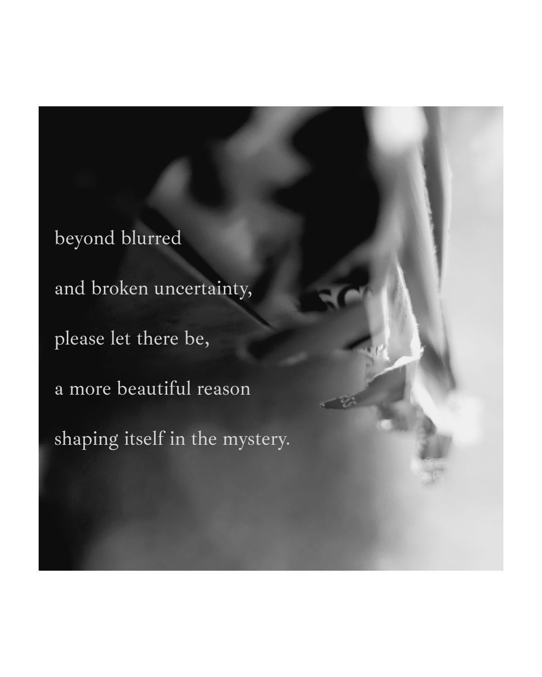 a close up blurred greyscale photo with a poem overlaid that reads: beyond blurred and broken uncertainty, please let there be, a more beautiful reason shaping itself in the mystery.