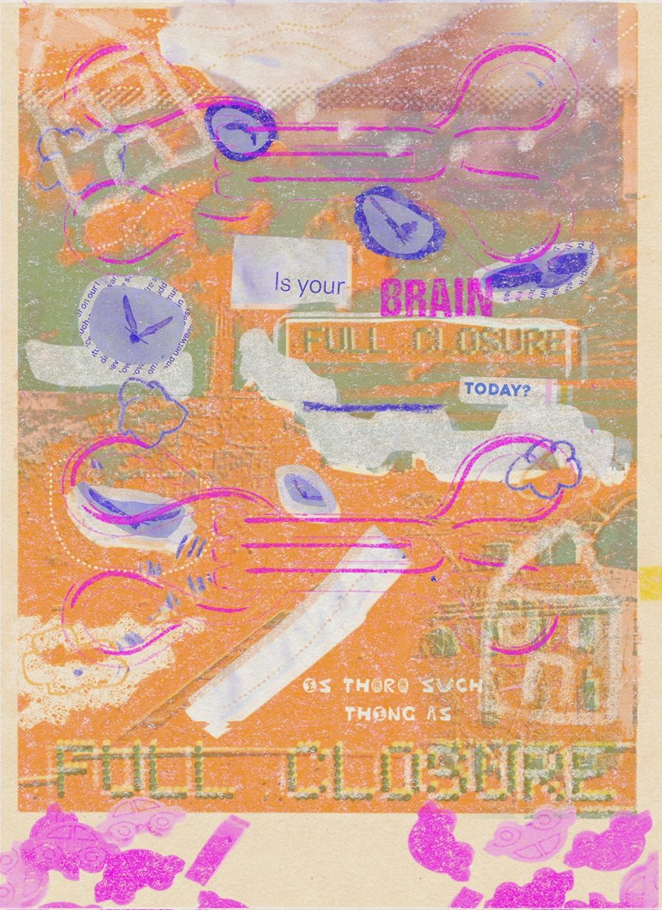 Rios effect of a collaborative collage between the four artists. The words “is your brain full closure” today is written out of many different fonts. Birds crowd the scene too. Ontop as hook and latch fastenings, and car shaped beads litter the bottom of the picture. The background features houses and cars stuck in traffic.