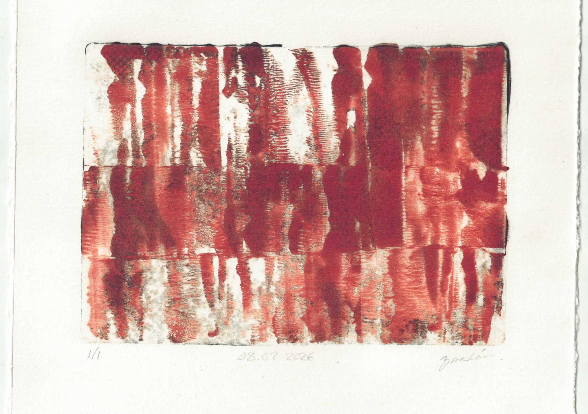 abstract rust and grey toned monoprint from a gelli plate