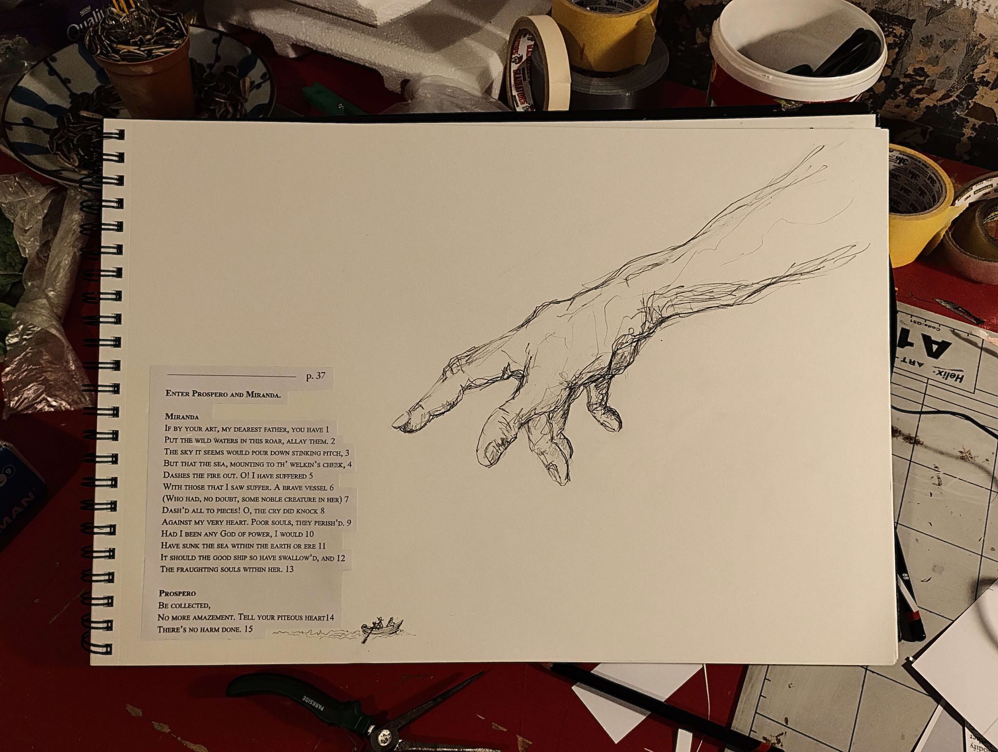 No harm done is a pencil drawing of a hand, in the style of Michelangelo's God, pointing at  page 37 of The Tempest.