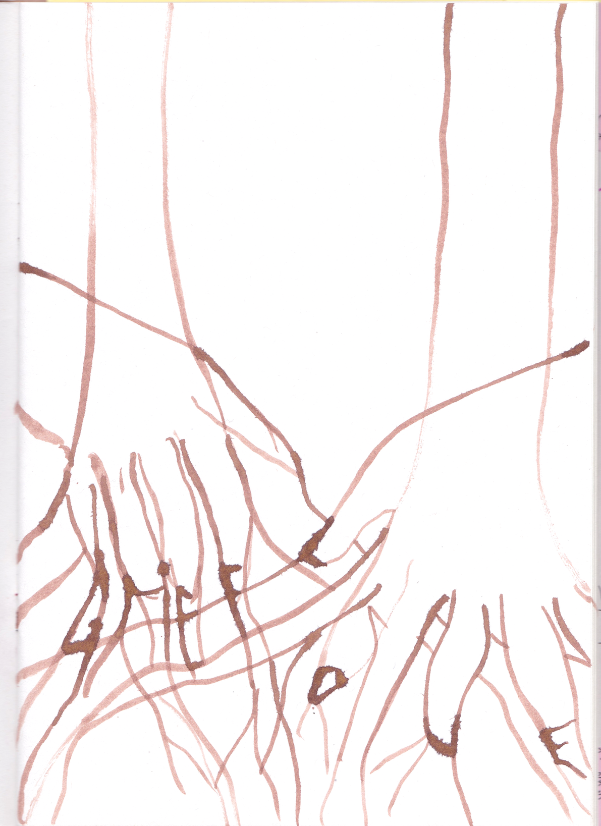 A scan of a brown ink drawing. Lines resembling trees, roots and hands merge into one another. At their fingertips and intersections, letters spelling ‘g r i e f’ and ‘l o v e’ bleed through.