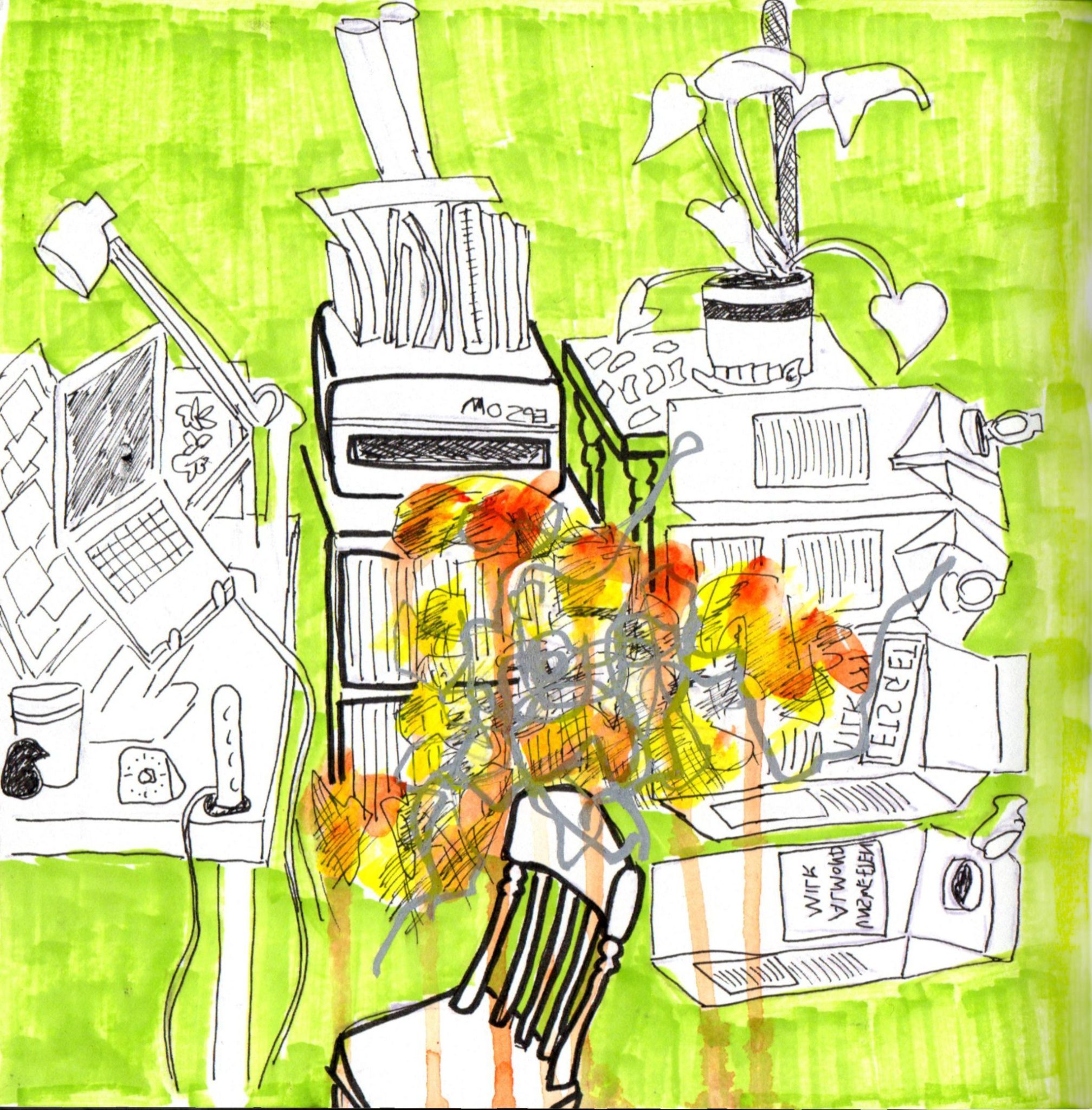 Abstract drawing in fine liner of home office and art studio. chair, desk, laptop, printer, papers, and tetra packs. In green felt tip, and a cloud of mess and orange dripping paint in the middle, above the chair.