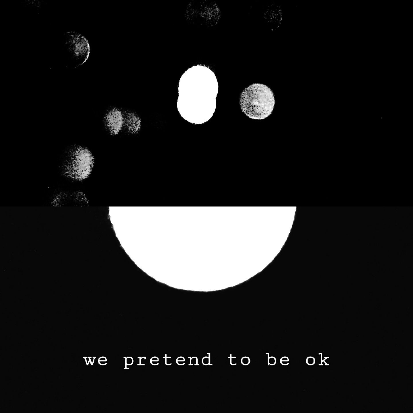 A square black and white image of two halves. In the top one, light orbs against a dark background. In the bottom one, half of an upturned moon with white text below saying 
