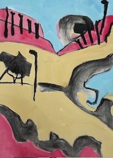 Portrait shaped abstract landscape painting. Image looks a little like a desert landscape. Pink hill shapes top a sandy coloured area with a possible blue lake on the right hand side. The bottom of the image has dark pink and black organic hedge shapes. There are black shapes indicating trees and poles .