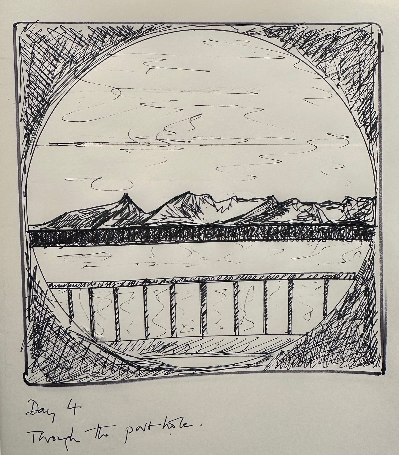 Ink drawing of the view contained by the porthole