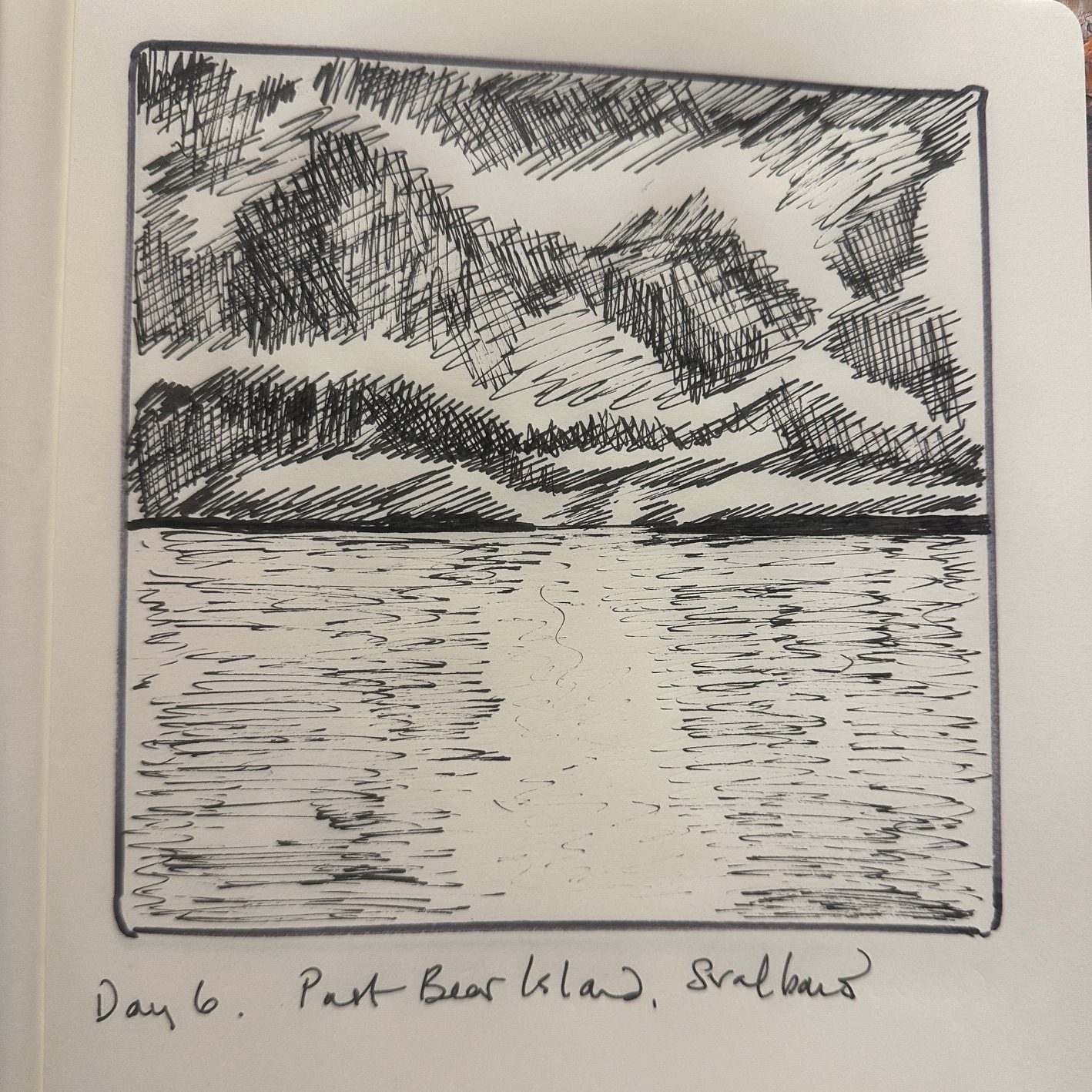 Ink sketch of distant islands and a threatening sky