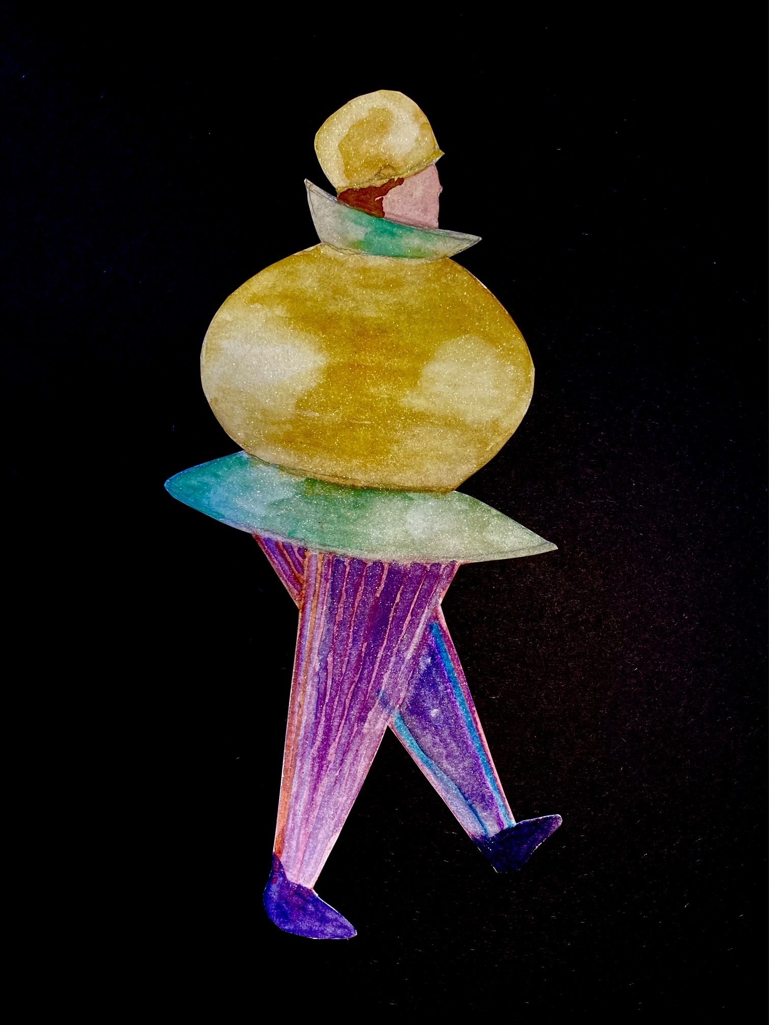 Watercolour painting with glitter, a figure in a giant gold circular costume with green discs on top and below and a gold round hat, and stripey pink and purple legs.